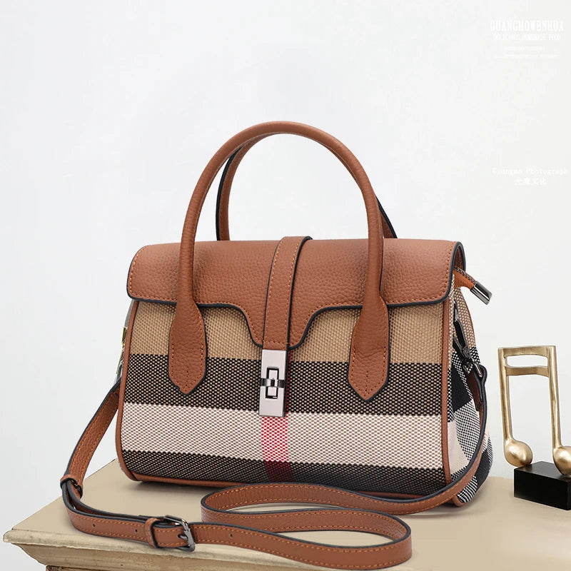Canvas Patchwork Plaid Shoulder Bag Large Capacity — Tan | KIMLUD