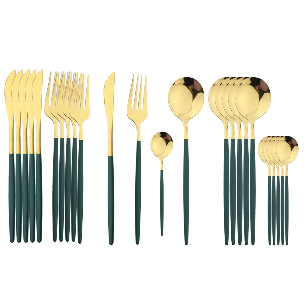 Gold Tone Cutlery Set With Black Handles — Black | KIMLUD