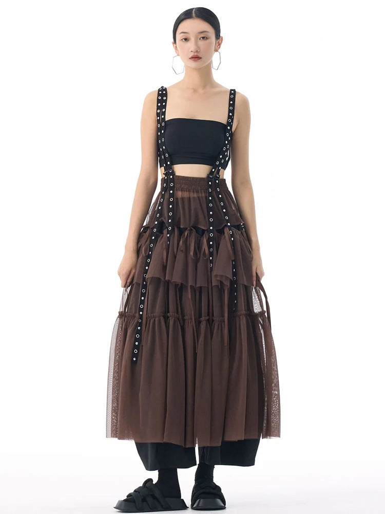 Midi Skirt - High Elastic Waist - Cotton Polyester - Coffee | KIMLUD