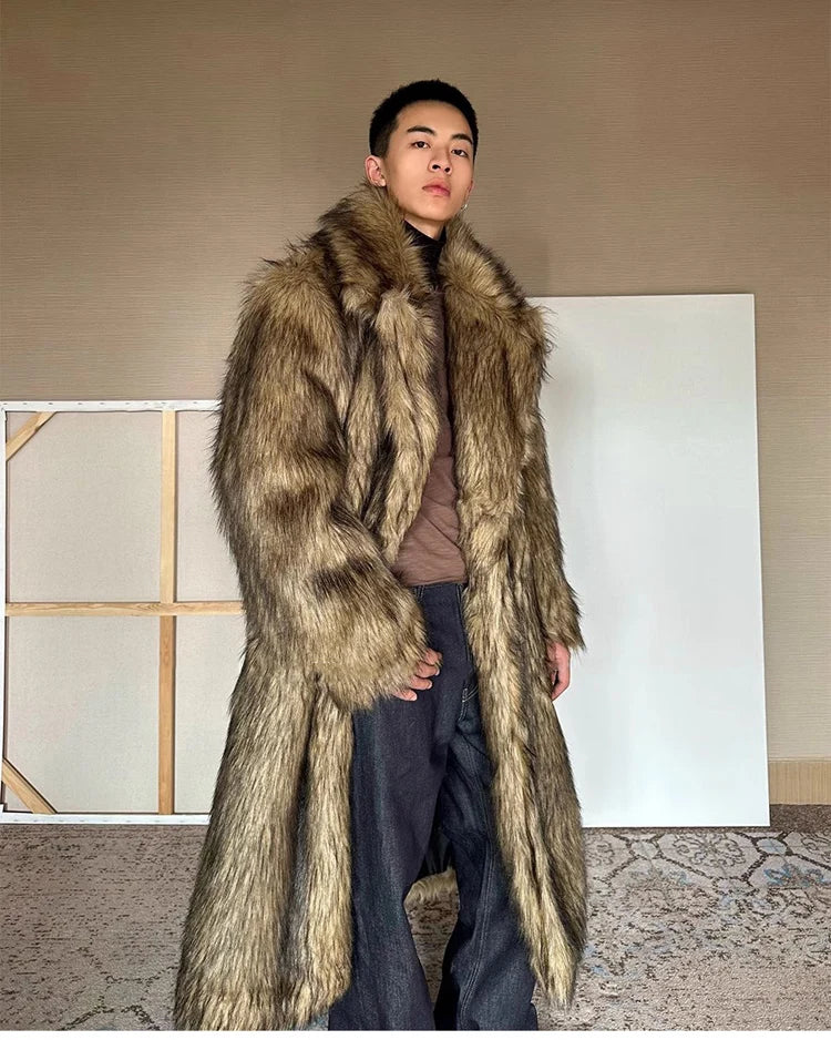 Men's Fur Coat – Lapel Long Overcoat – Wolf Fur And Fox Fur | KIMLUD