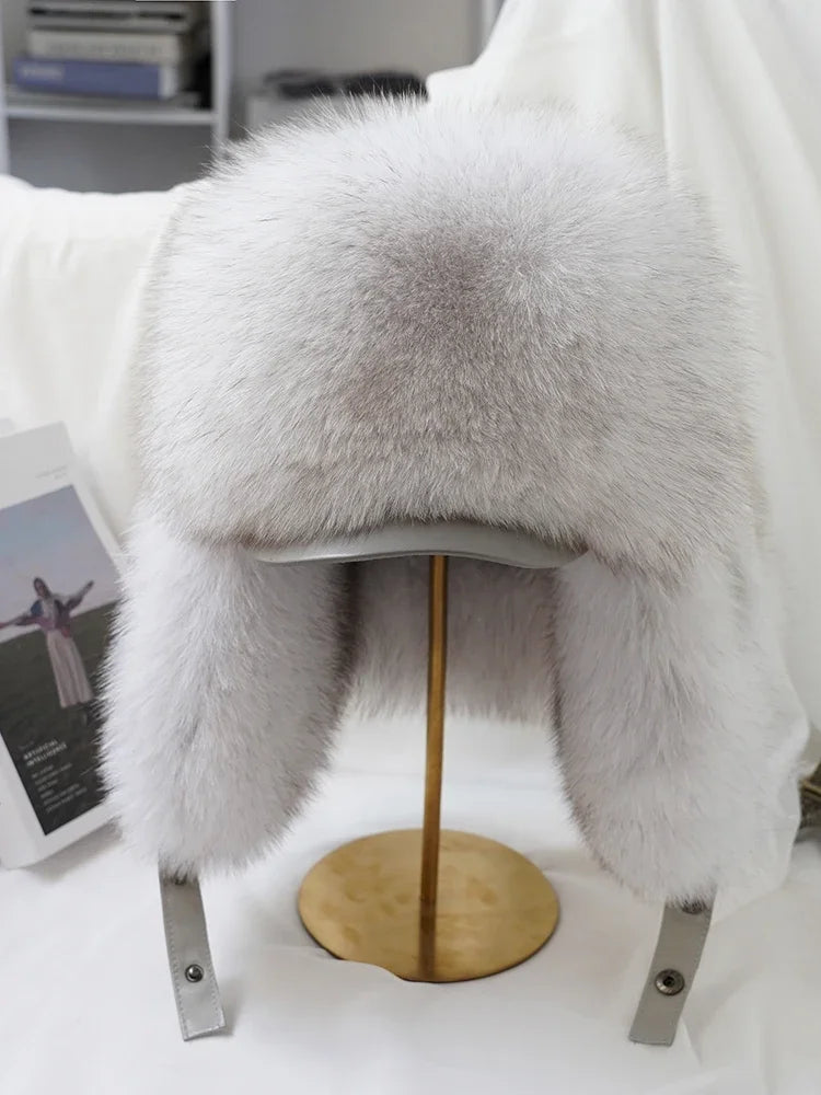 Real Silver Fox Fur Bomber Hat Leather Top — Silver | KIMLUD