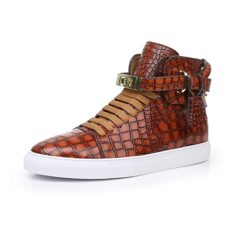 High Top Sneakers – Gold Buckle – Crocodile Pattern Leather | KIMLUD