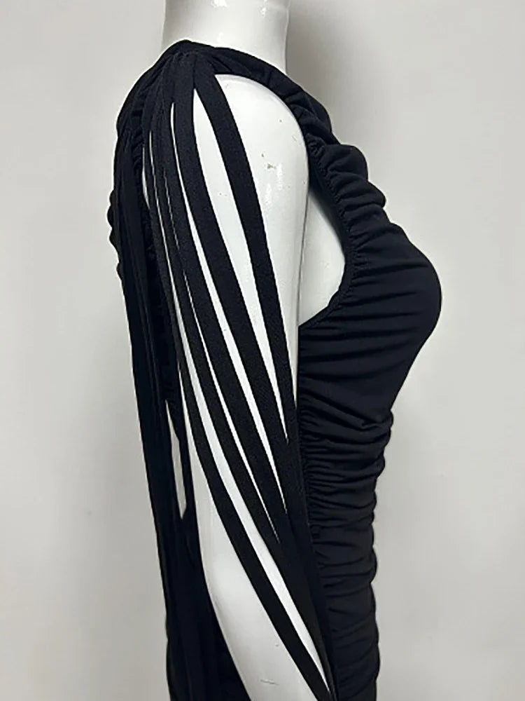 Bodycon Dress – O-Neck Tassel Patchwork – Polyester – Black | KIMLUD