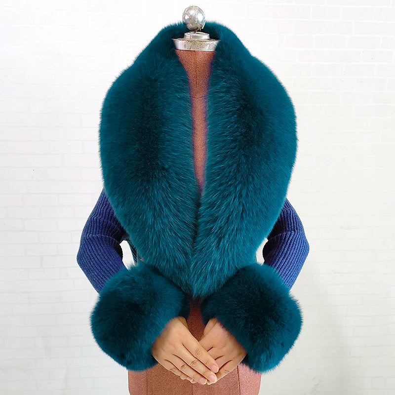 Fox Fur Solid Scarf And Cuff Set For Winter — Green | KIMLUD