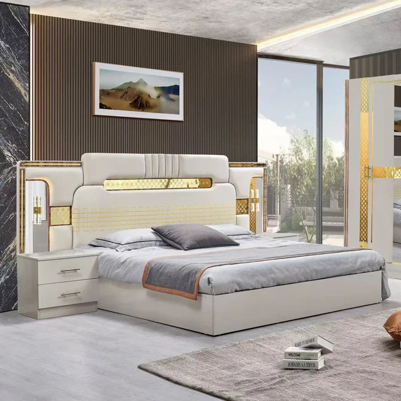 A Wholesale Wooden Frame Double King Size Bed Room Set LED Headboard Modern Home Full Luxury Bedroom Sets Furniture