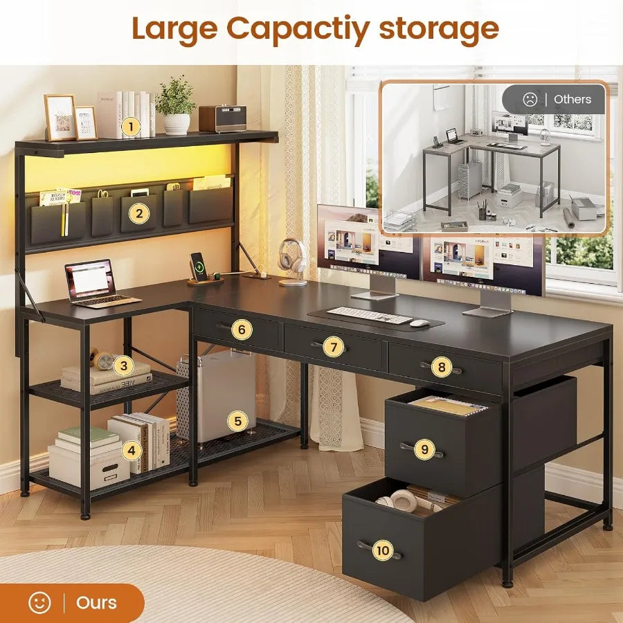 L-Shaped Desk With 5 Drawers And Reversible Storage Shelves — Charcoal Black | KIMLUD