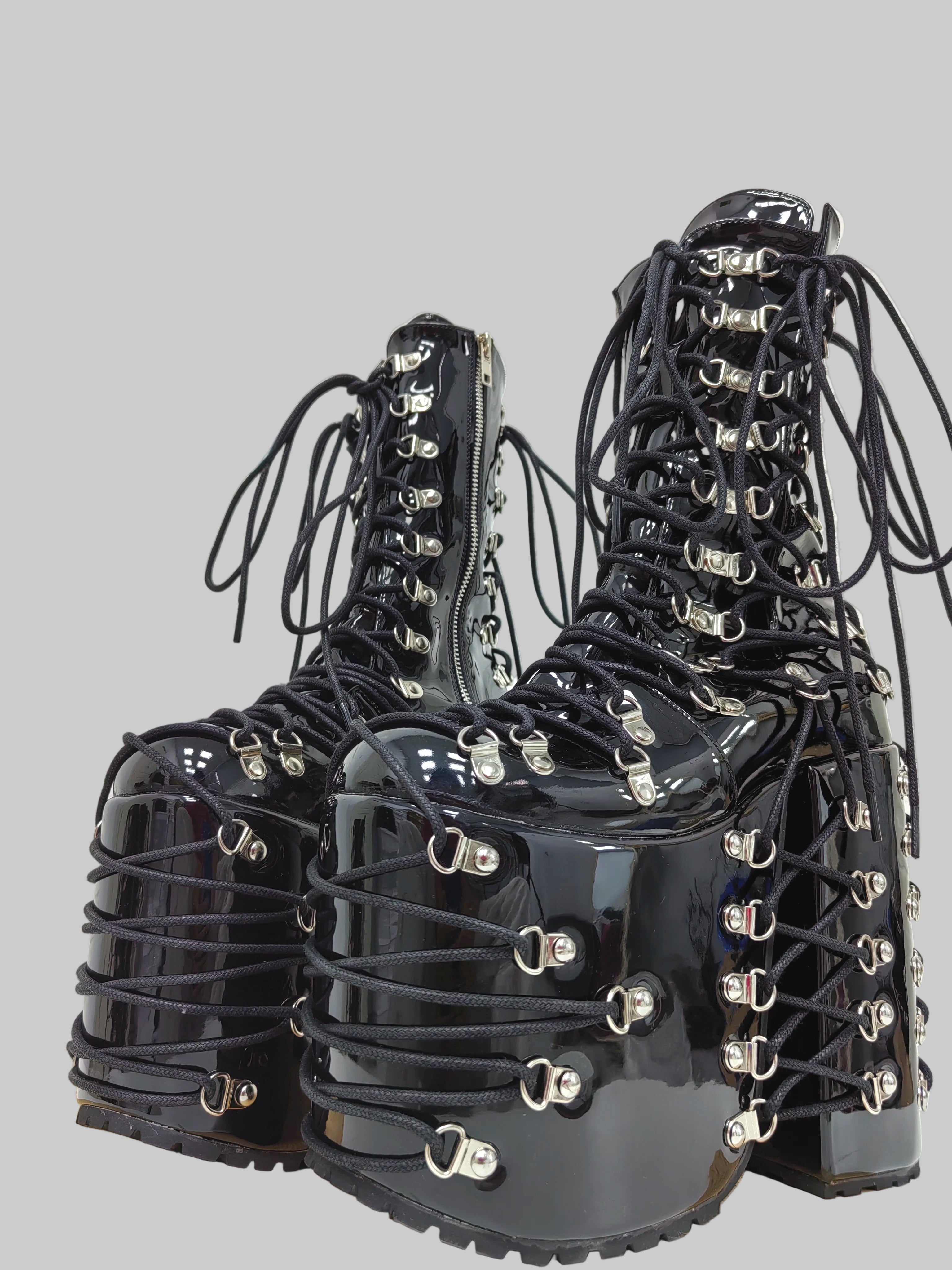 Women Wasteland thick sole punk black laser long Boots girl high wedges Heels pumps Lady party customized shoes buckles 33-50