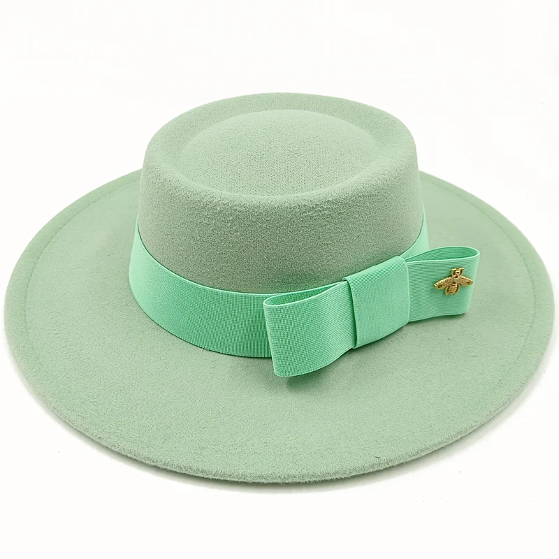 Wholesale Fedora hats Winter round concave convex surface flat top bow elastic ribbon men&#39;s and women&#39;s felt jazz hats Fedora - KIMLUD