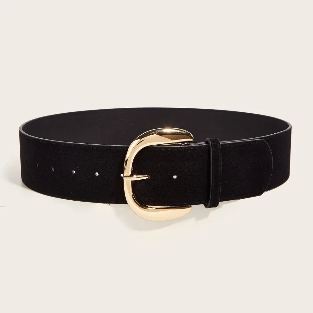 Suede Leather Wide Belt Pin Buckle — Black | KIMLUD
