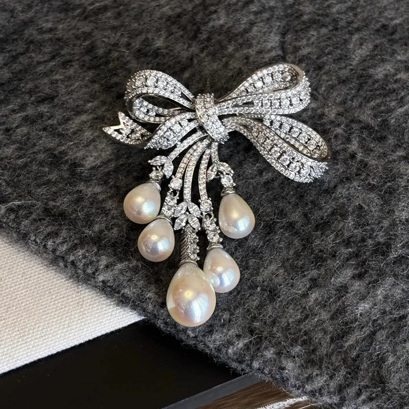 Zircon Pearl Bowknot Tassel Brooch — Crystal | KIMLUD