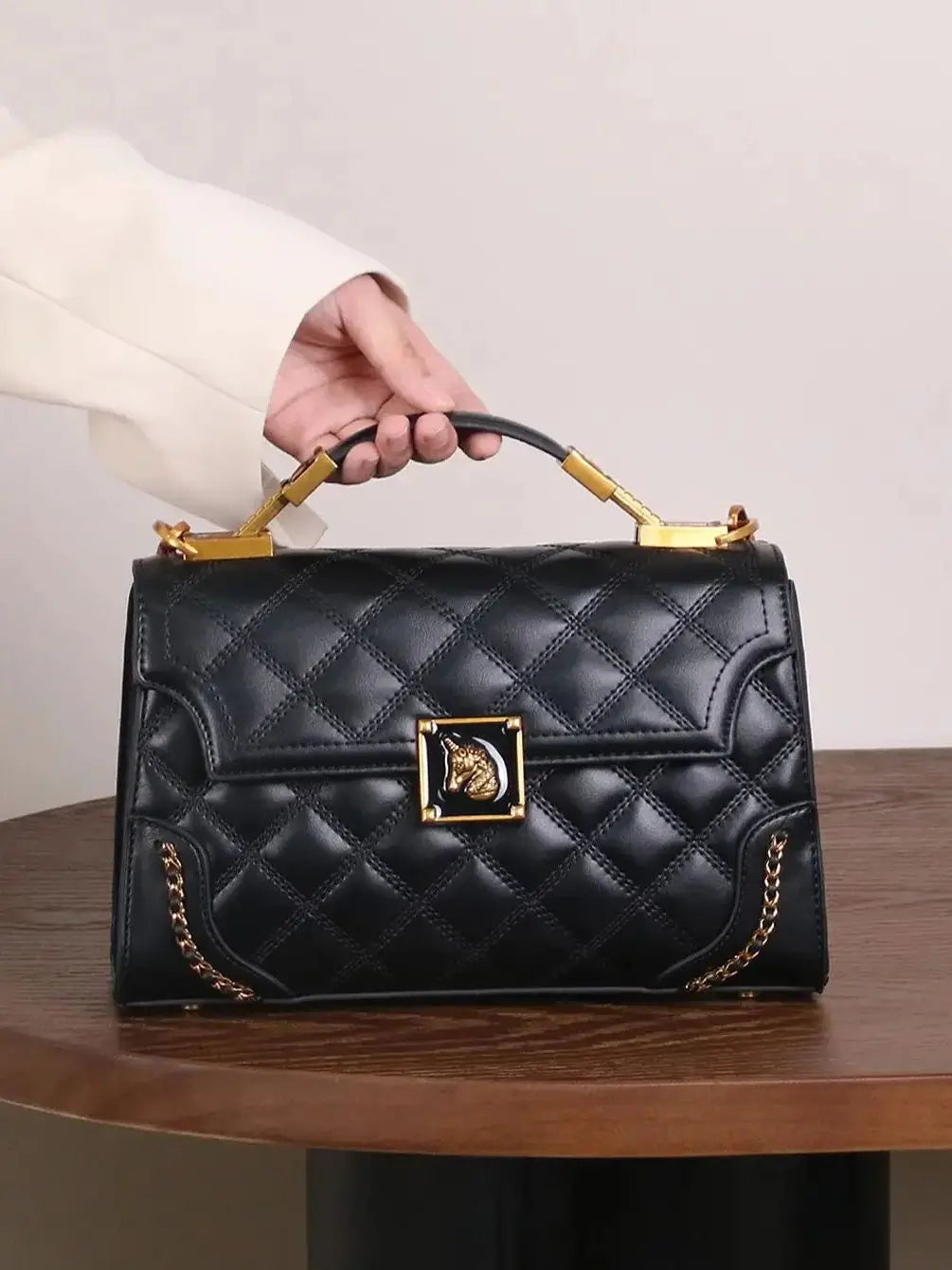 Structured Leather Rhombic Handbag — Black | KIMLUD