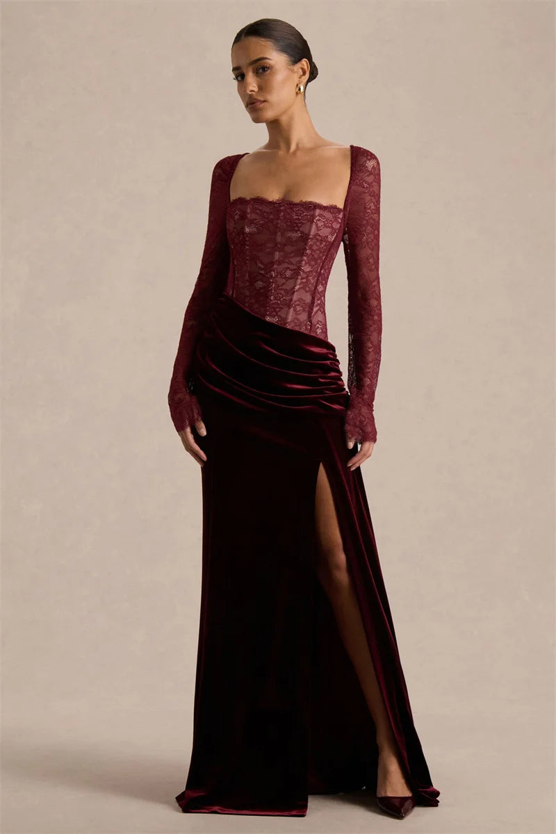 Lace Velvet Maxi Dress Square-Neck See-Through Backless — Black | KIMLUD