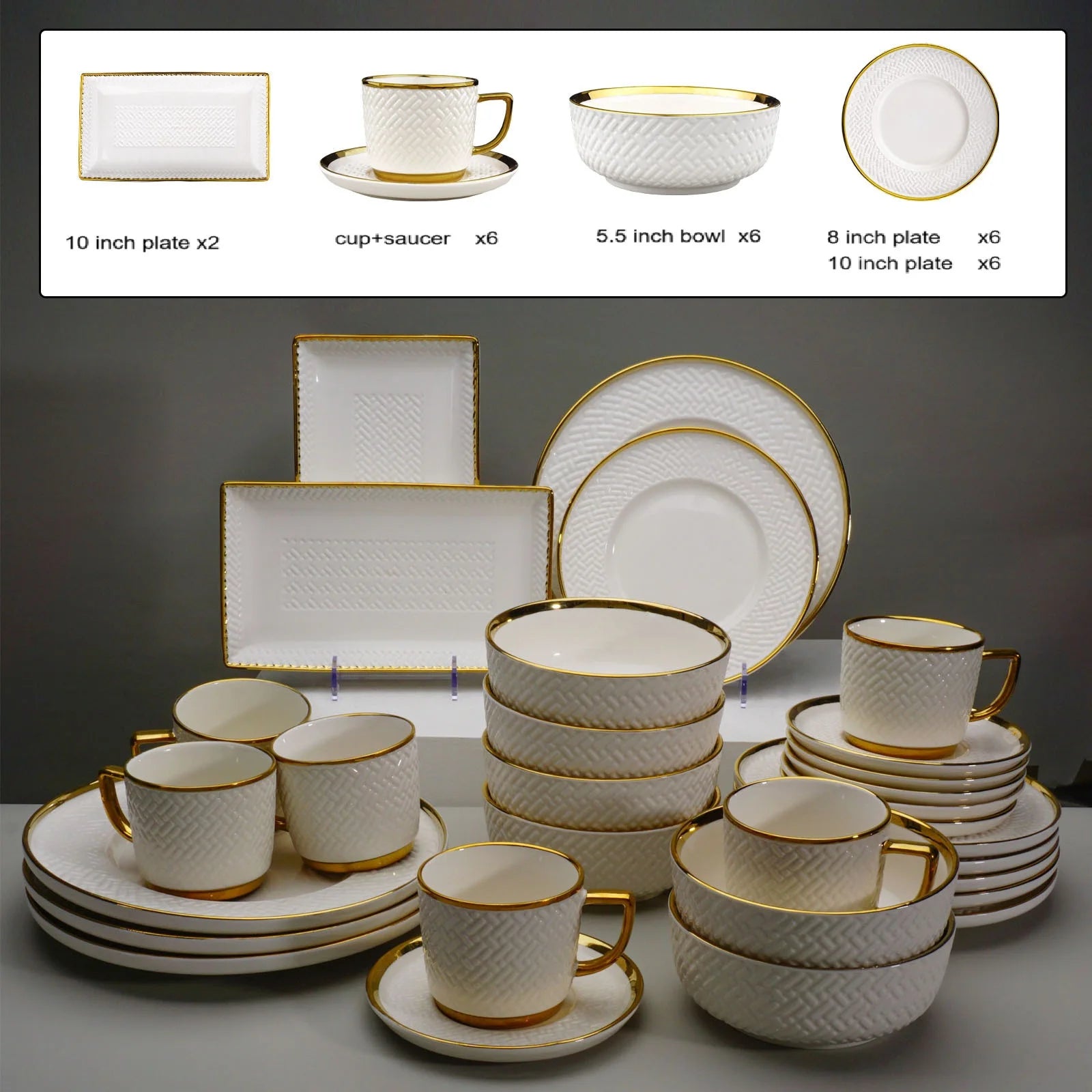 Porcelain Dinnerware Set With Gold Trim For Six — White | KIMLUD