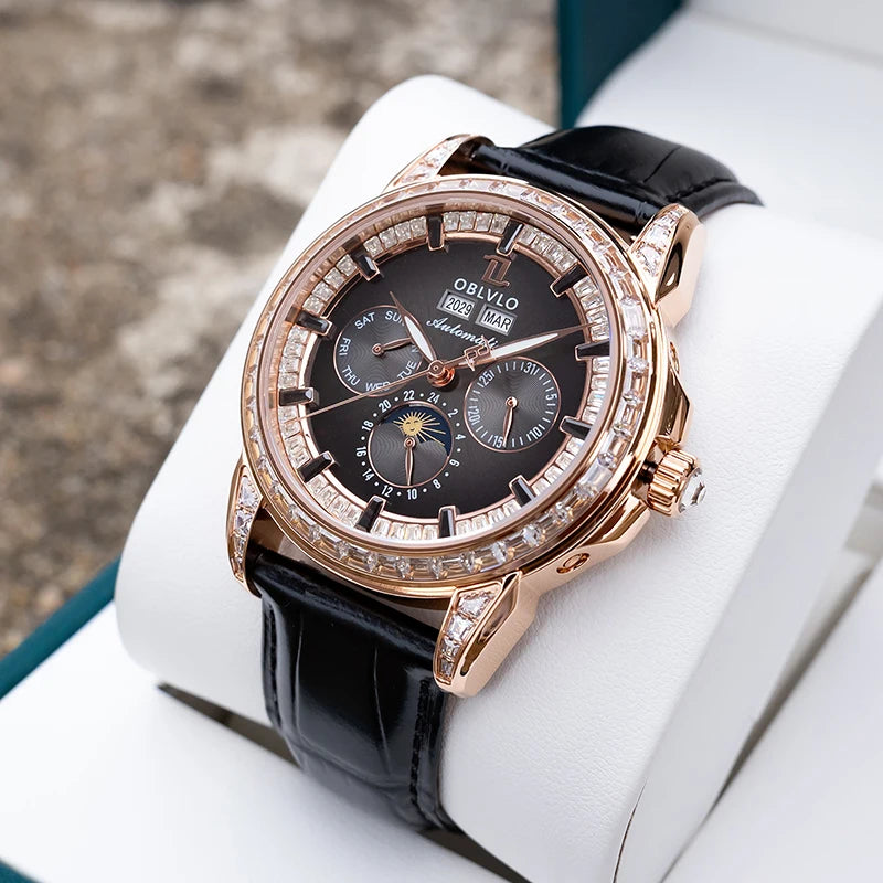 Leather Automatic Wristwatch 40mm Luminous Bezel — Chocolate Brown | KIMLUD