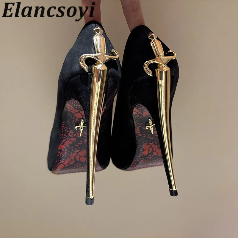 Leather Pumps With Metal High Heels Metal-Embellished Shaft Sculpted Pointed Toe — Gold | KIMLUD