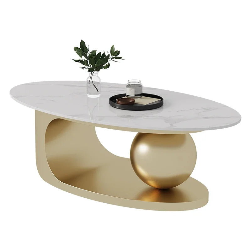 Nordic Designer Minimalist Coffee Table Oval Silhouette Rock Slab Top — Ivory White | KIMLUD