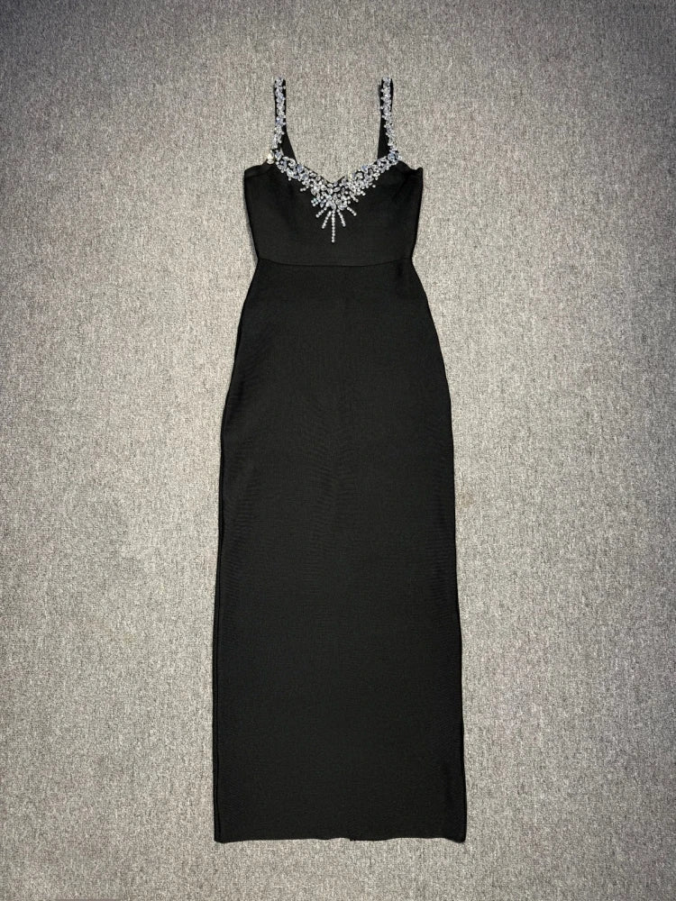 Bandage Dress – Spaghetti Strap Diamonds – Bodycon – Black | KIMLUD