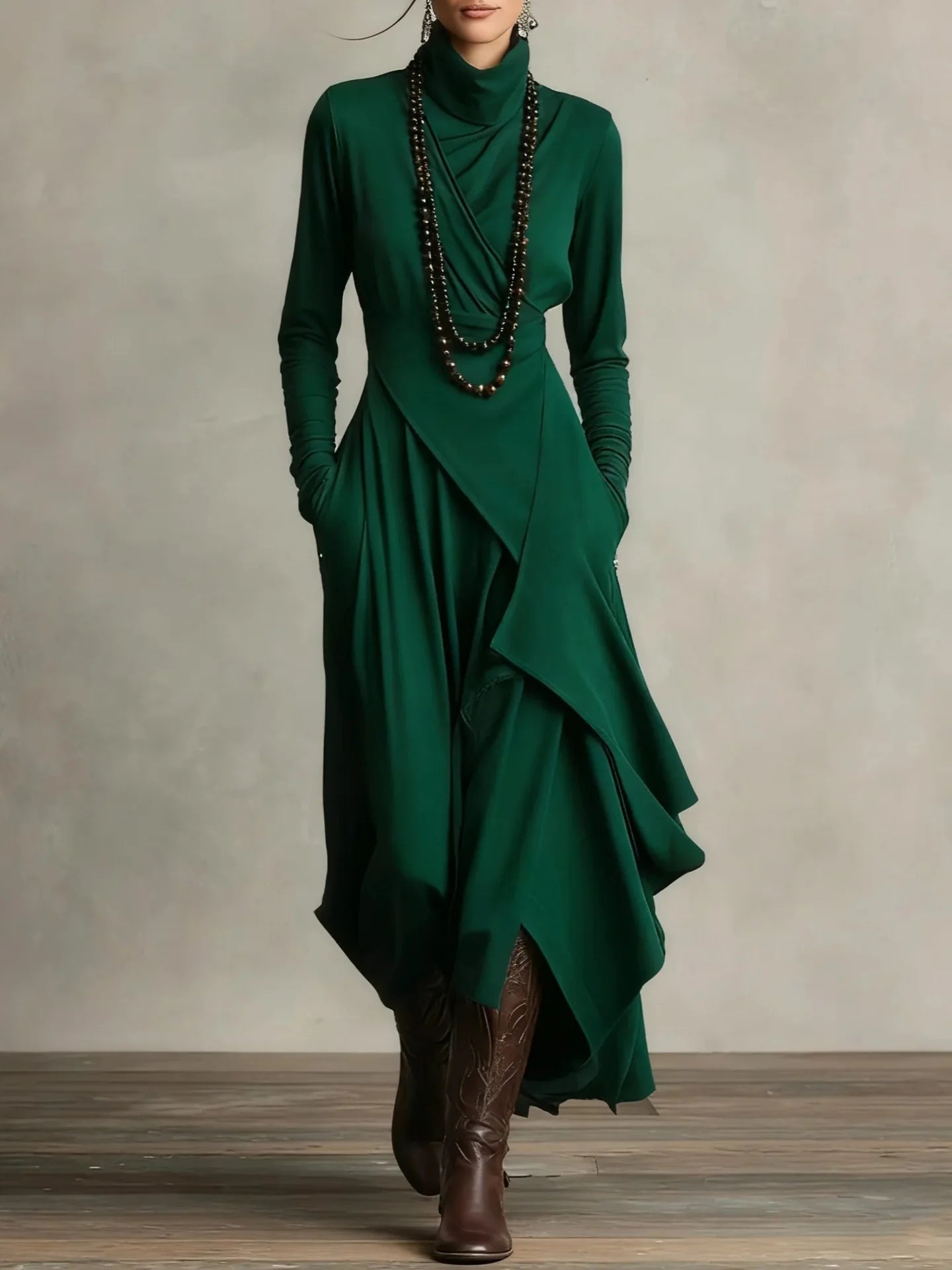 Vintage Irregular Cross Dress for Women Long Sleeve Solid Turtleneck Simple Fashion Casual Spring Holiday Long Dresses