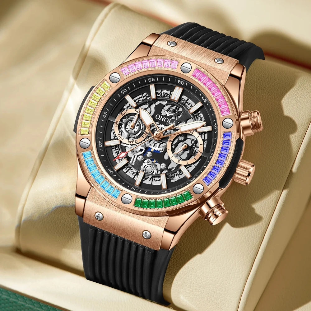 Silicone Strap Rainbow Diamond Watch 45mm Hardlex Dial, Date, Luminous Hands, 3Bar Water Resistant — Rainbow | KIMLUD