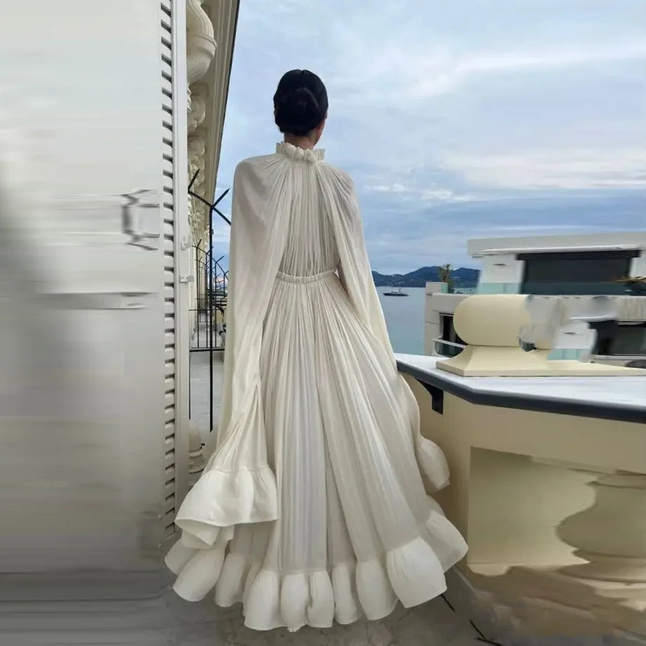 Dubai Ruffles Prom Gowns Ivory Party Dresses Deep V Neckline Tulle Long Elegant Women Dress Cloak Sleeves Draped Formal Dresses