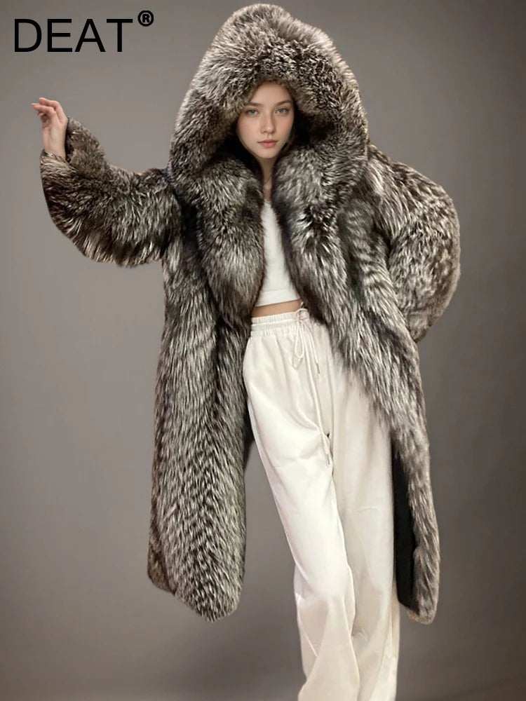 DEAT Fashion Silver Fox Over-knee-length Faux Fur Coat Women's Hooded Loose Plush Jacket Winter New  7A2292