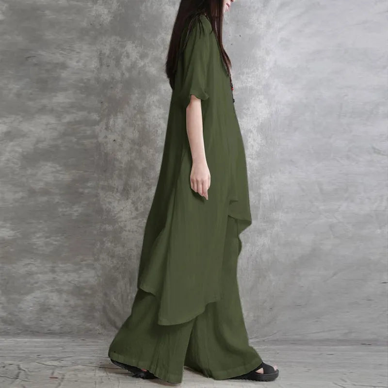 Cotton Linen Two-Piece Set Short-Sleeve O-Neck Top Wide-Leg Pants — Beige | KIMLUD