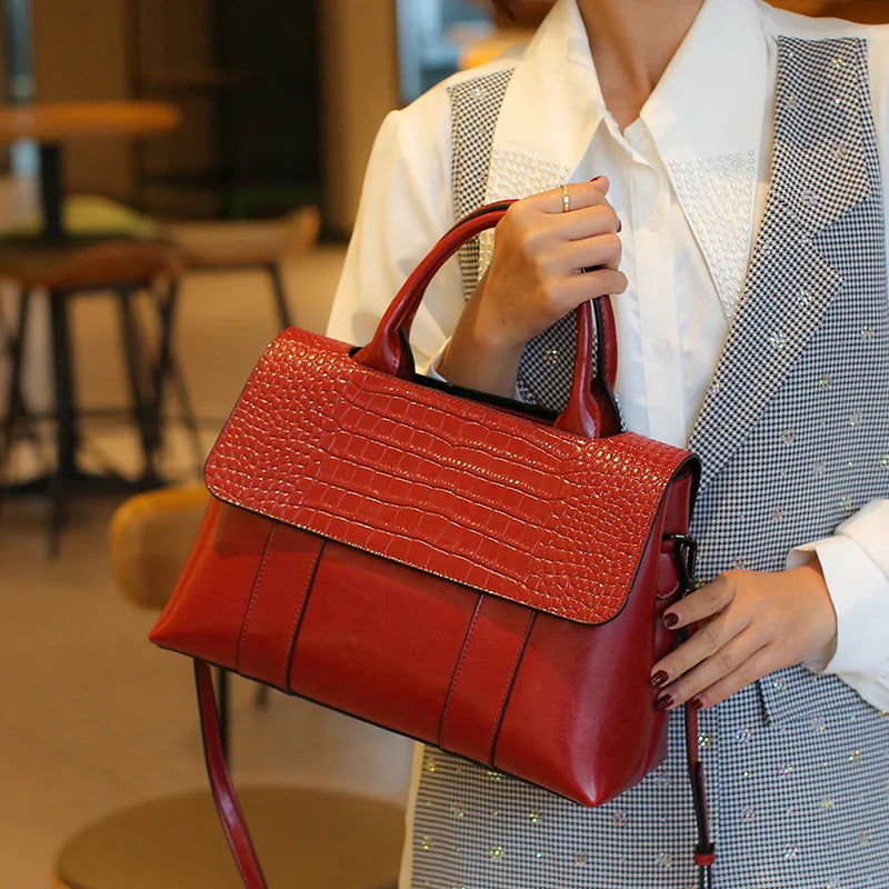 Genuine Leather Shoulder Bag Crocodile-Print — Cognac Brown | KIMLUD