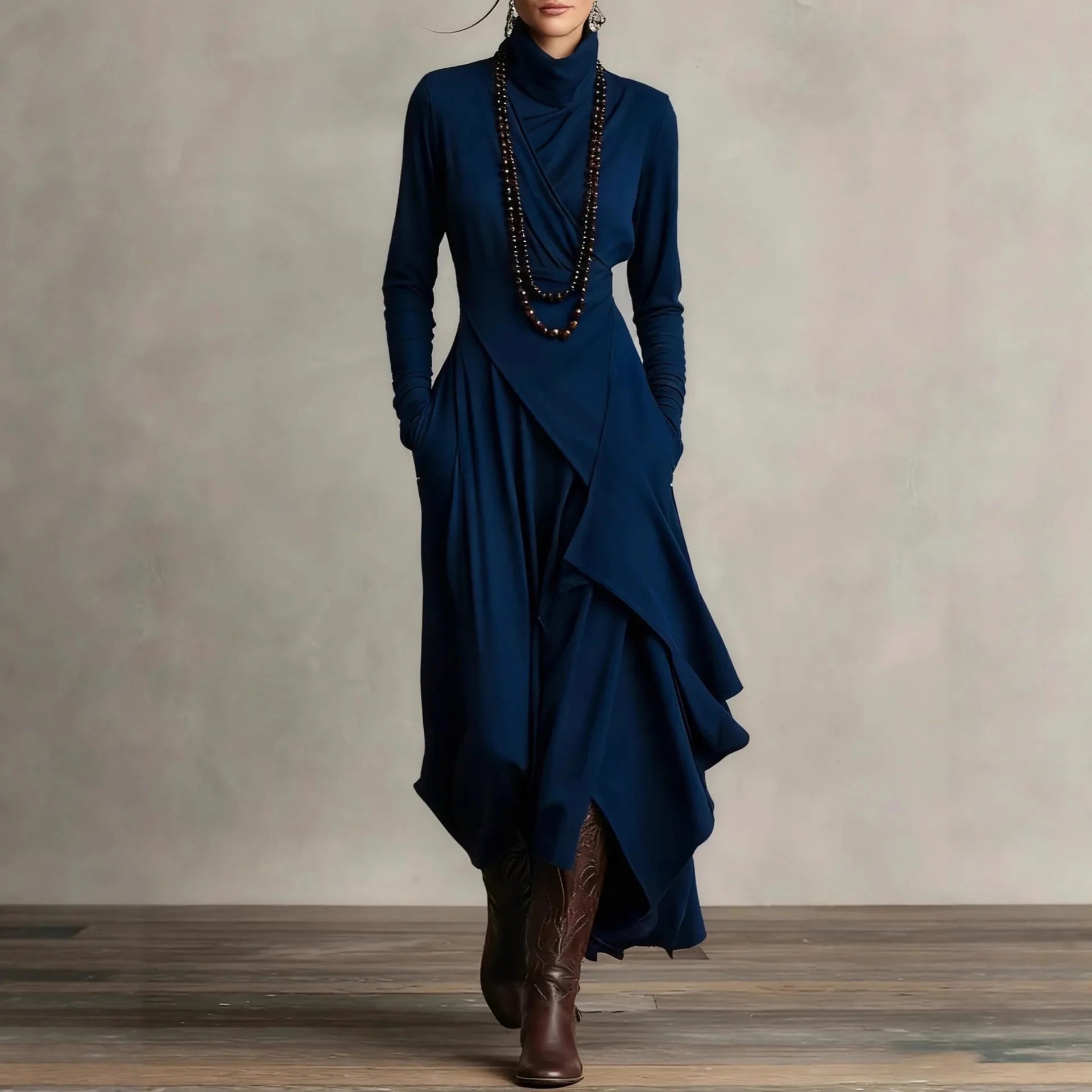 Dresses Cross Turtleneck A-Line Slim Fit — Solid Color | KIMLUD