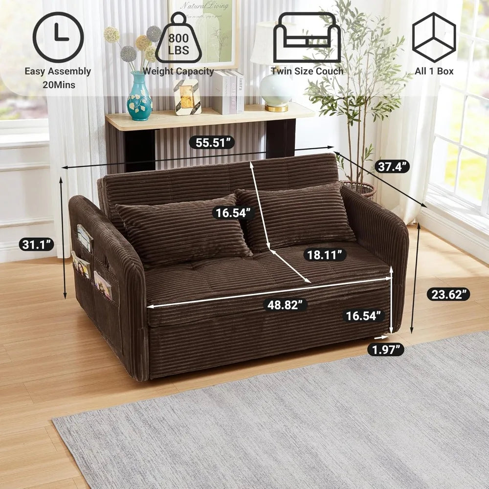Corduroy Convertible Sofa Bed 3-in-1 Sleeper With USB Ports — Ivory | KIMLUD