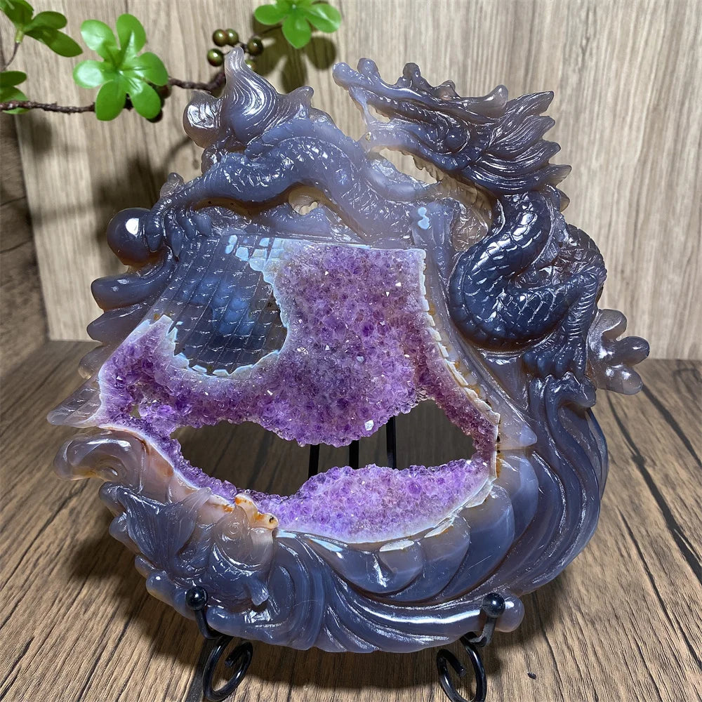Amethyst Geode Dragon Carving Hand-Carved — Purple | KIMLUD