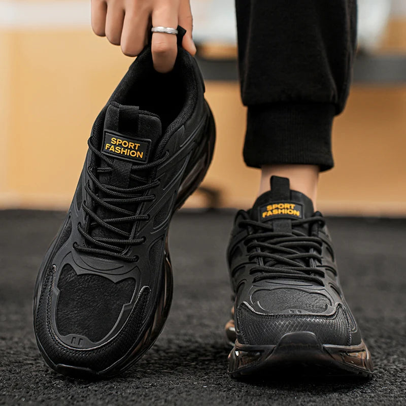 Breathable Mesh Running Shoes Lightweight Non Slip — Black With Amber Accents | KIMLUD