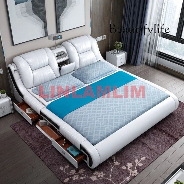 Genuine Leather Bed With Built-In Massage Bluetooth Speaker Air Cleaner Projector And Drawers — White | KIMLUD