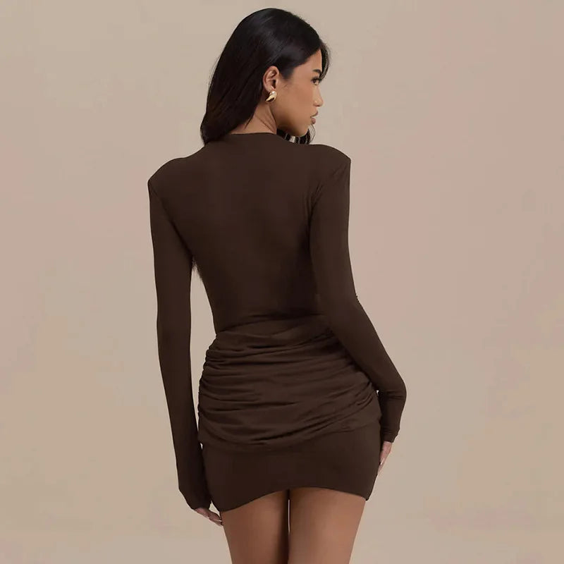 Polyester Pleated Stretch Long Sleeve Dress Gathered Hip Silhouette — Jet Black | KIMLUD