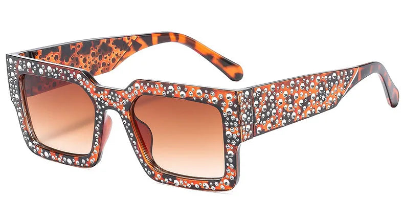 Plastic Diamond-Studded Square Sunglasses — Black | KIMLUD