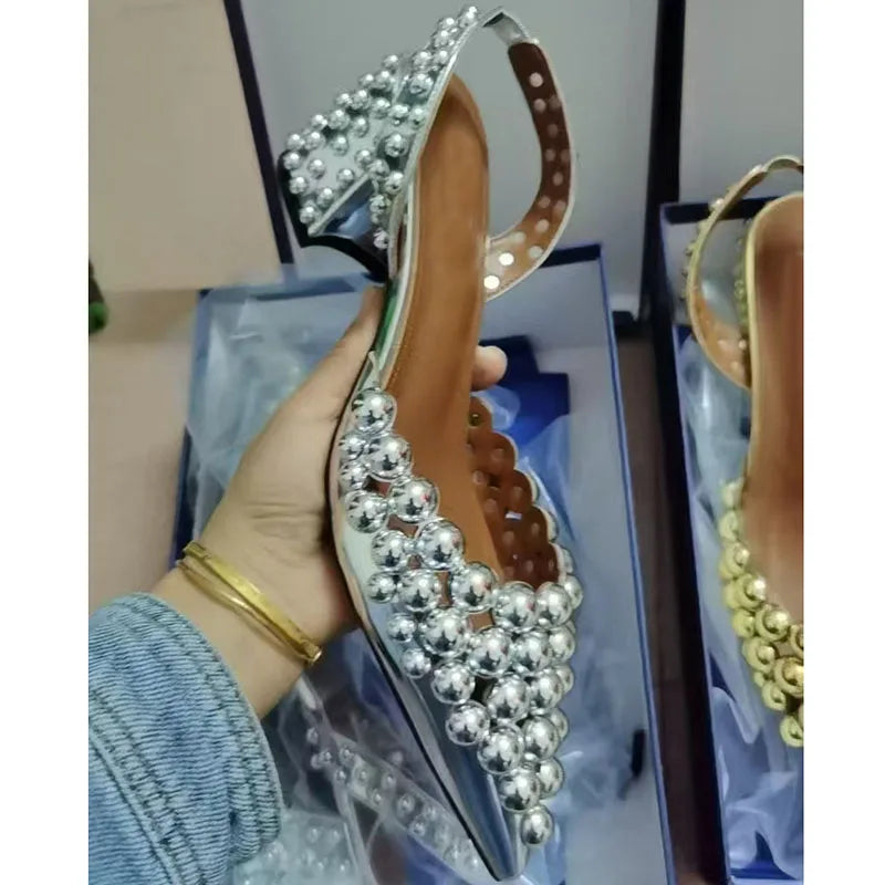 Rivet Studded Sandals With Crystal Bead — Red | KIMLUD