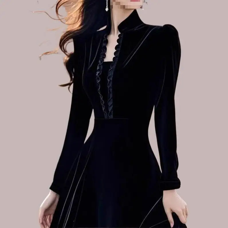 Velvet Midi Dress – Stand Collar Long Sleeve – Black | KIMLUD