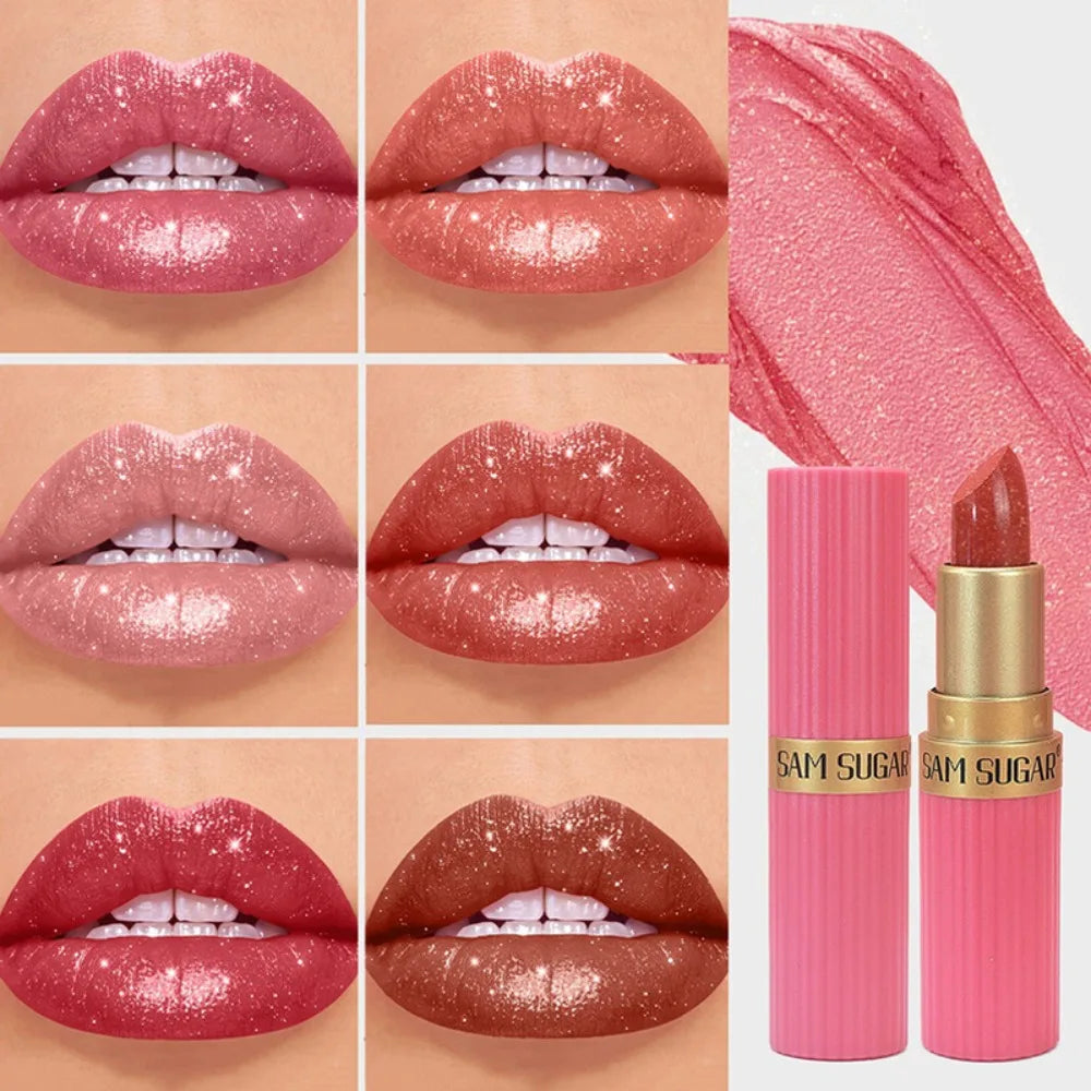 Nude Pink Luxurious Metallic Glitter Lipstick Long-Lasting Waterproof Non-Fade Shimmery Pearl Sparkling Brown Lip Gloss Makeup