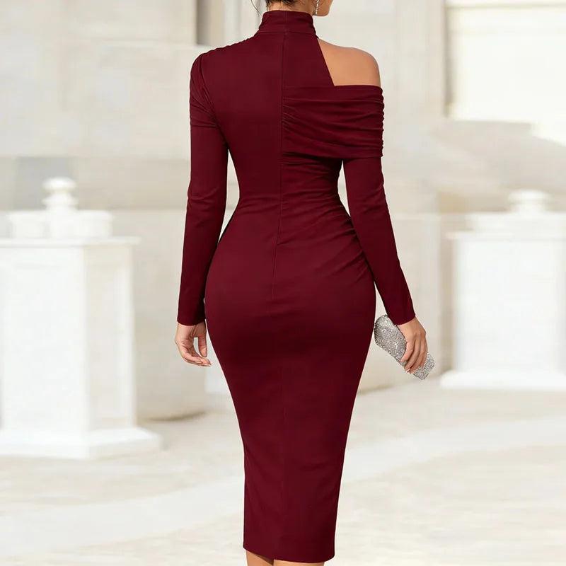 Ruched Off Shoulder Midi Dress High Neck Hollow Slit — Black | KIMLUD