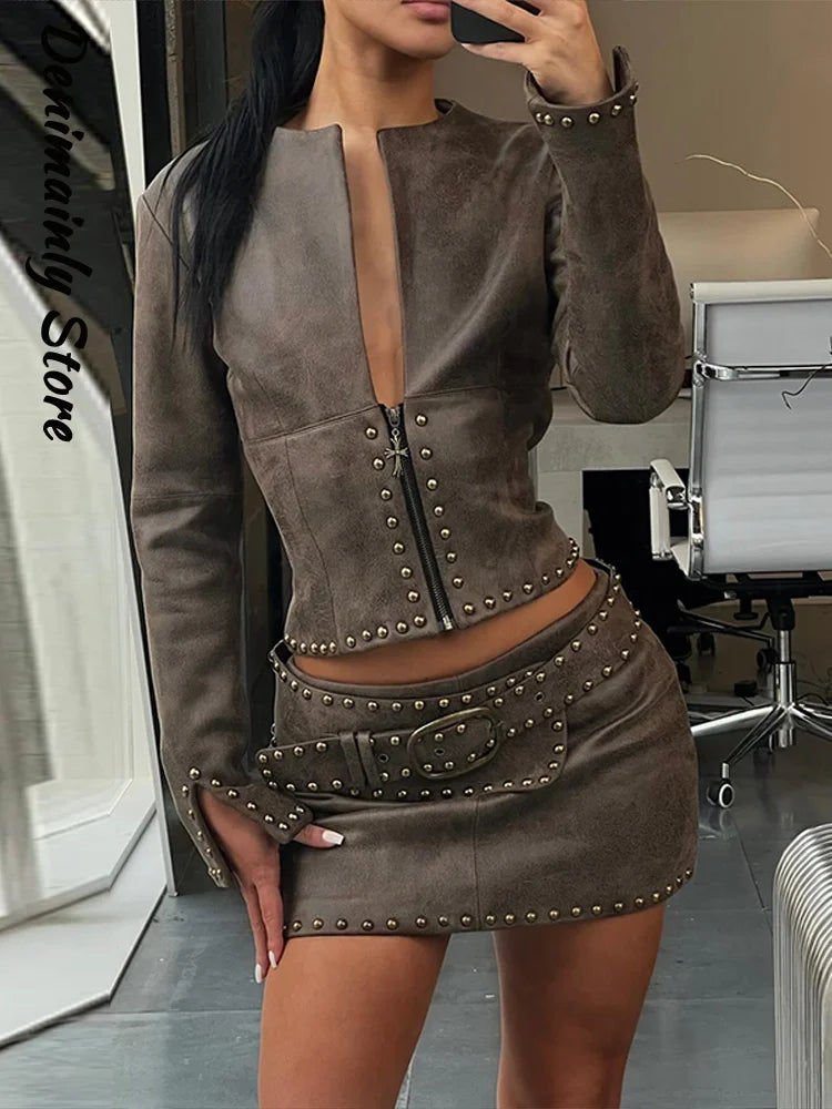 Jacket Skirt Set - Studded Trim - Cropped Zip-Up - Women | KIMLUD