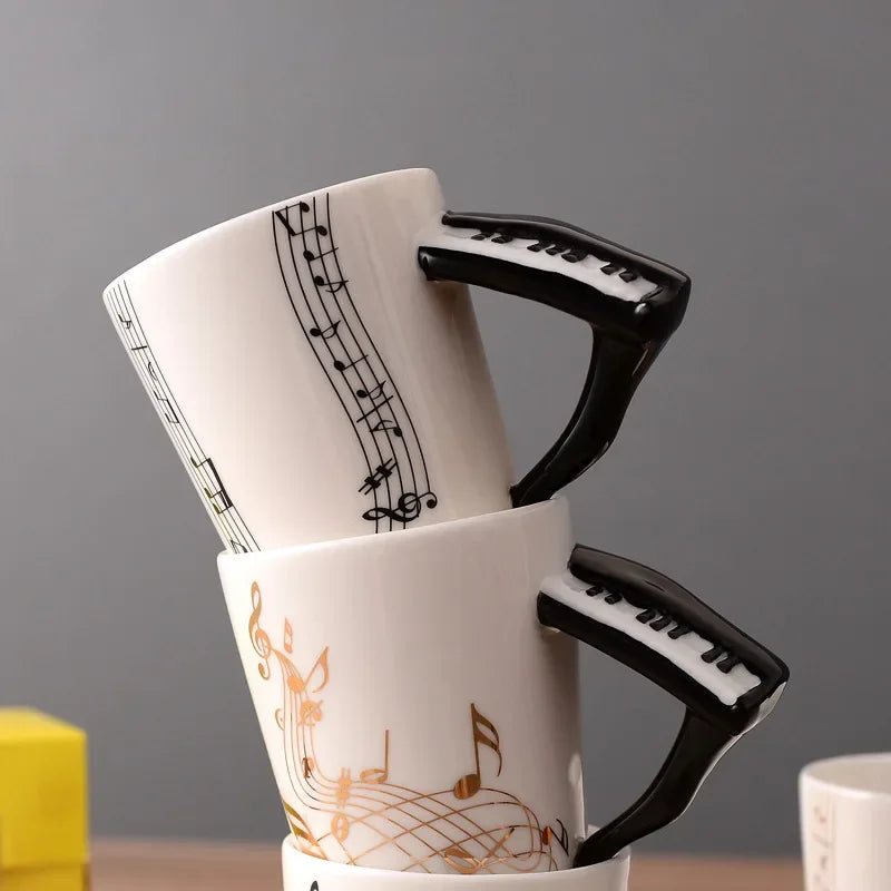 Bone China Mug With Music Note Motif And Delicate Guitar Handle — White | KIMLUD