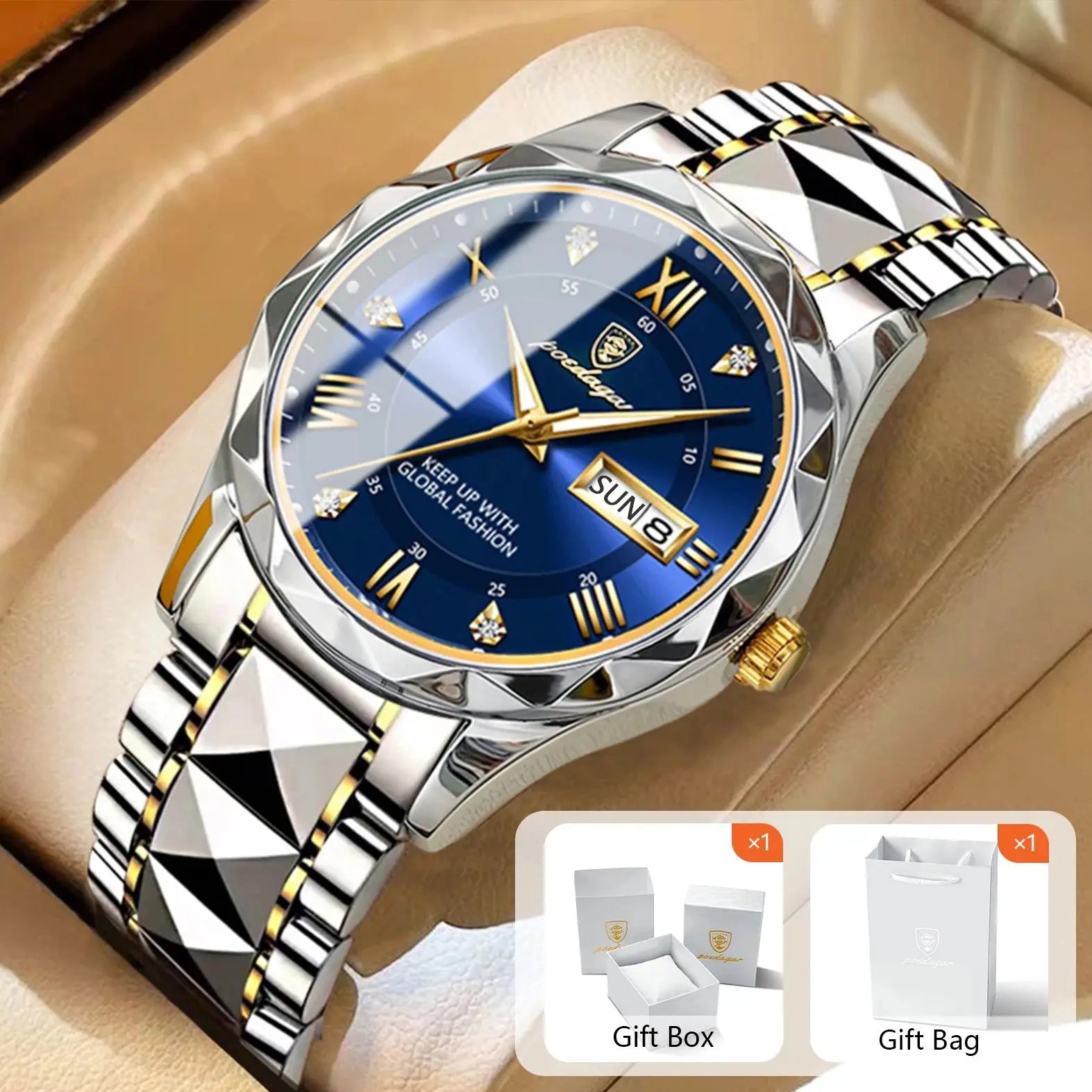 POEDAGAR Luxury Men's Watches Waterproof Luminous Date Week Watch For Man Stainless Steel Quartz Casual Men Wristwatch+Box Gift