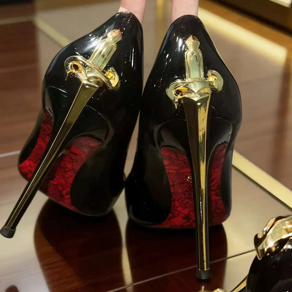 Super Fiber Leather High Heels Power-Sword Snake-Patterned — Red | KIMLUD