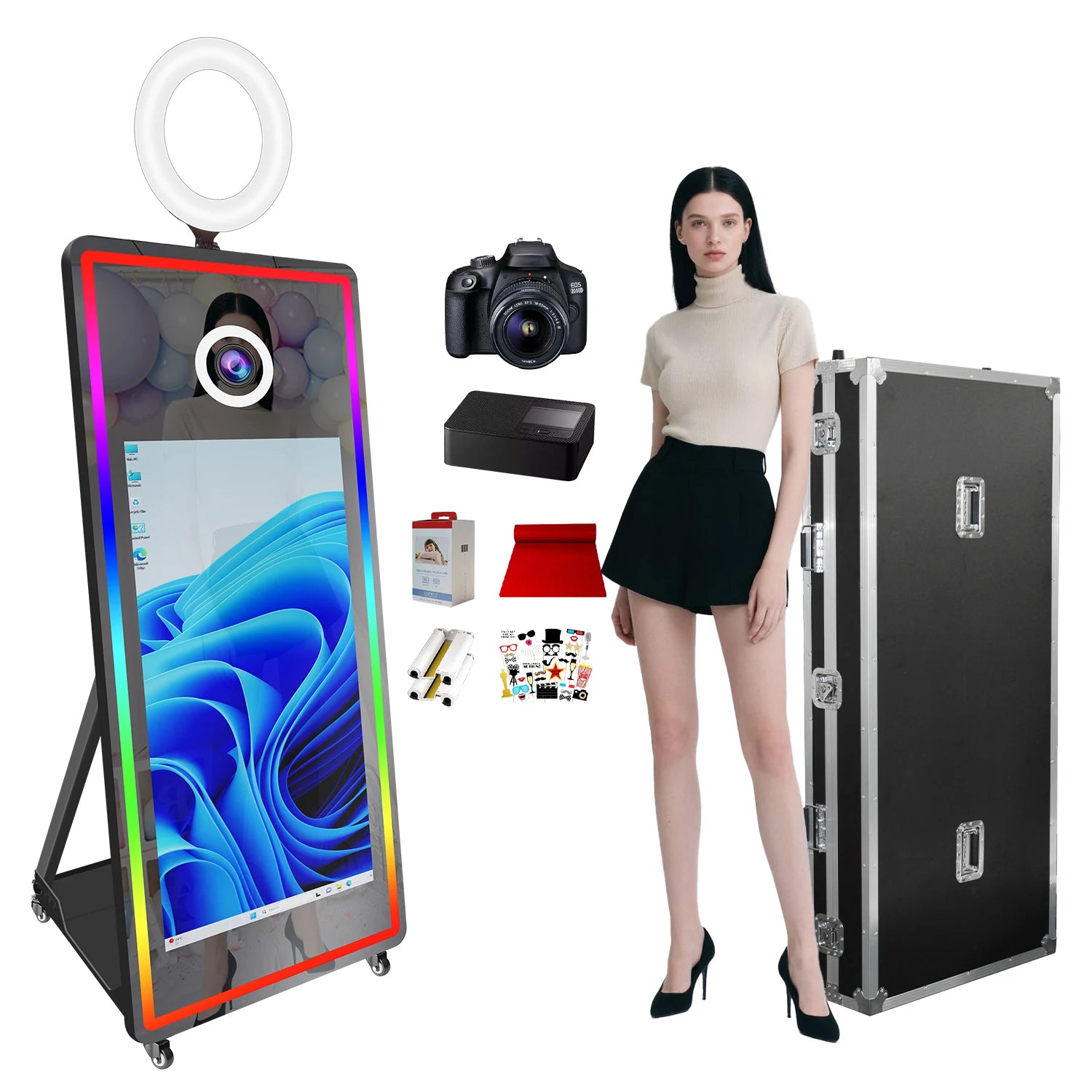 Metal-Glass Frame Portable Mirror Photo Booth 43 Inch With LED Edge Lighting — Black | KIMLUD