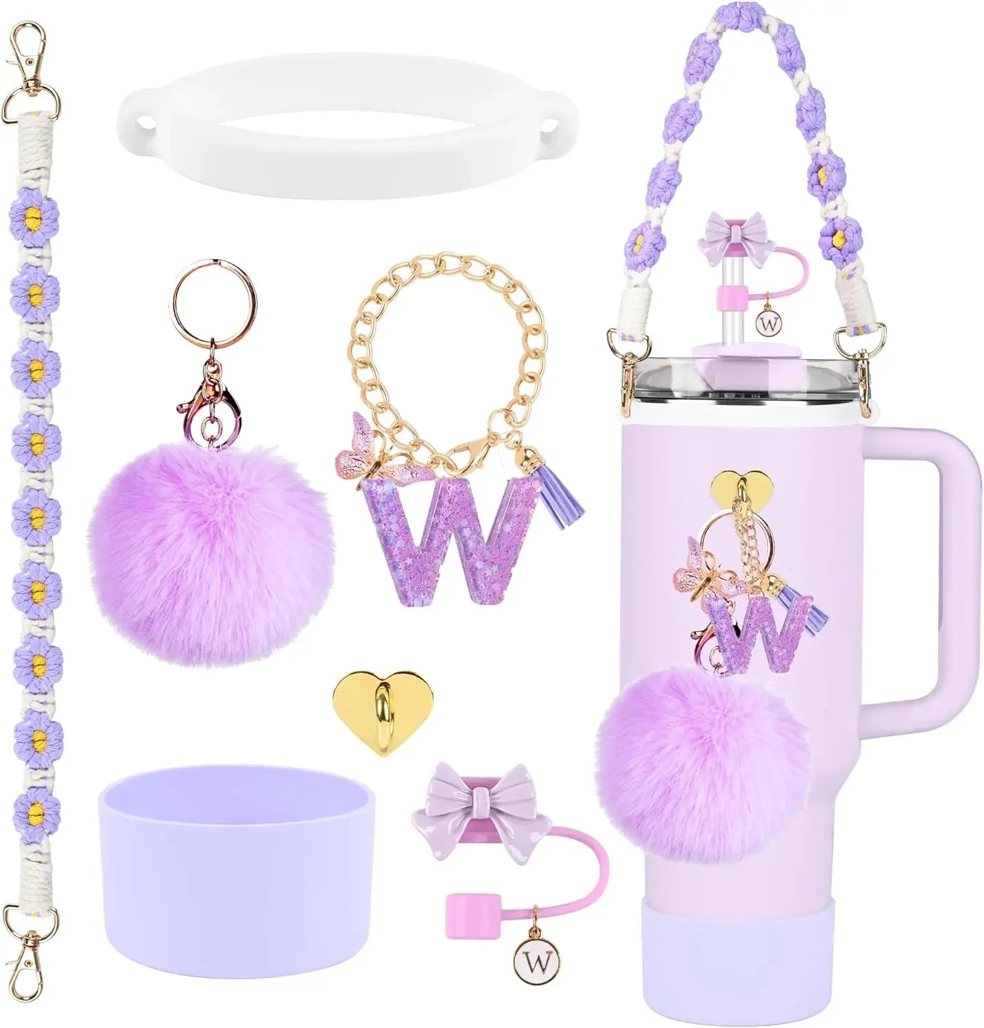 7PCS Accessories Set for Stanley Cup Purple Straw Topper Cup Boot Water Bottle Handle Strap Letter Charms 40oz 30oz Tumbler
