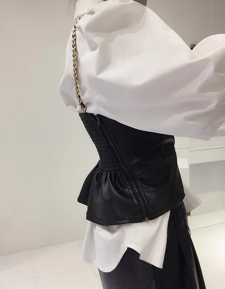 PU Leather Vest Two-Piece Shirt Set With Oversized Bubble Sleeves And Chain Detail — White | KIMLUD