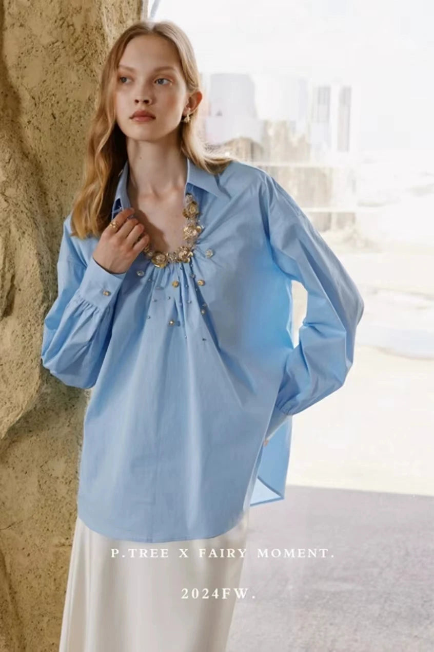 New In 2024 Autumn Sequined Stitch Cotton Shirts and Blouses Woman Elegant Top Blusas Women Clothes Office Lady Casual Shirts