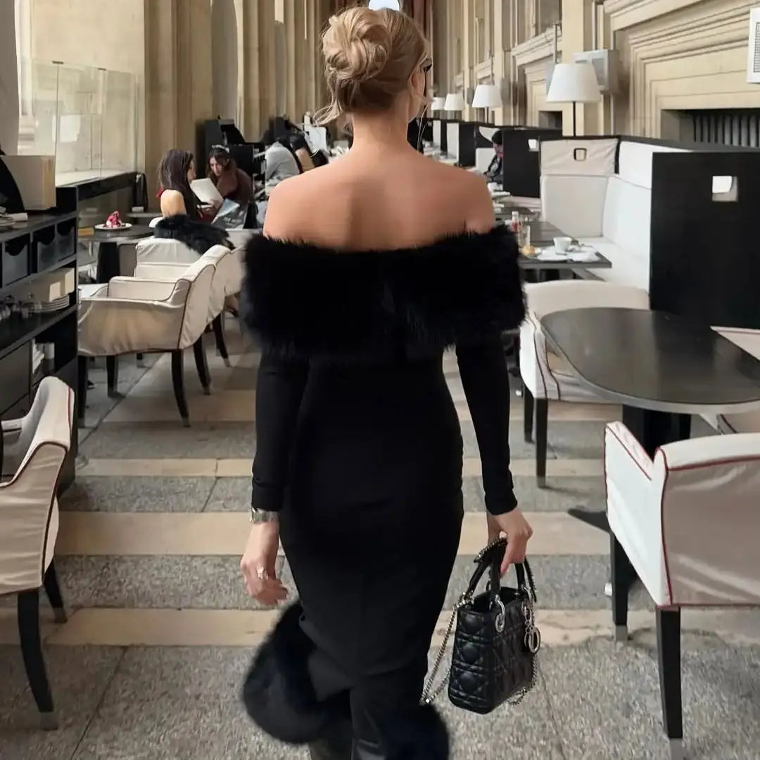 Off-Shoulder Midi Dress – Faux Fur Long Sleeve – Black | KIMLUD