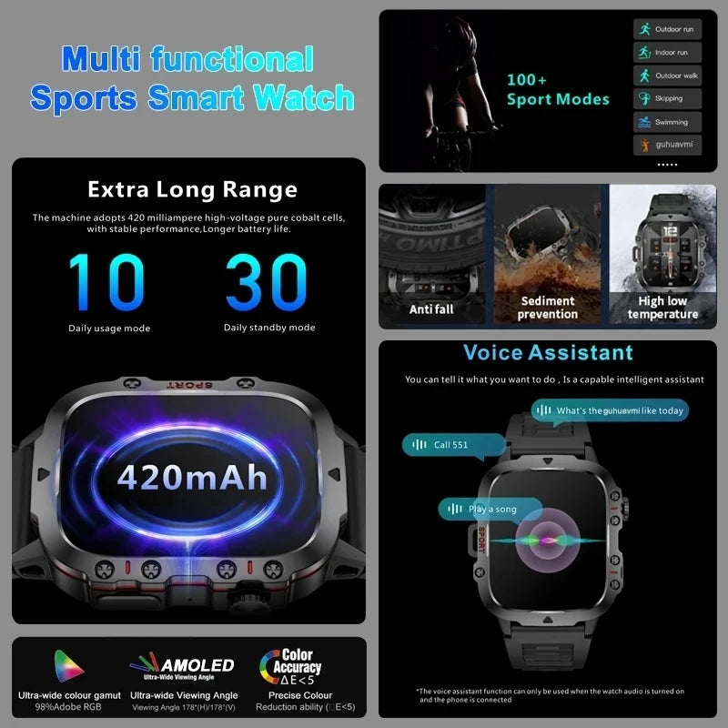 2024New Rugged Military Fitness Smart Watch Men For Android Xiaomi IOS 3ATM Waterproof Sport Ai Voice Calling Smartwatch Outdoor