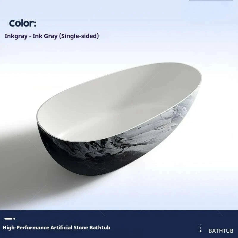 KIMLUD, Luxury marble-patterned freestanding bathtub, oval-shaped artificial stone soaking tub, suitable for hotels and villas., KIMLUD Womens Clothes