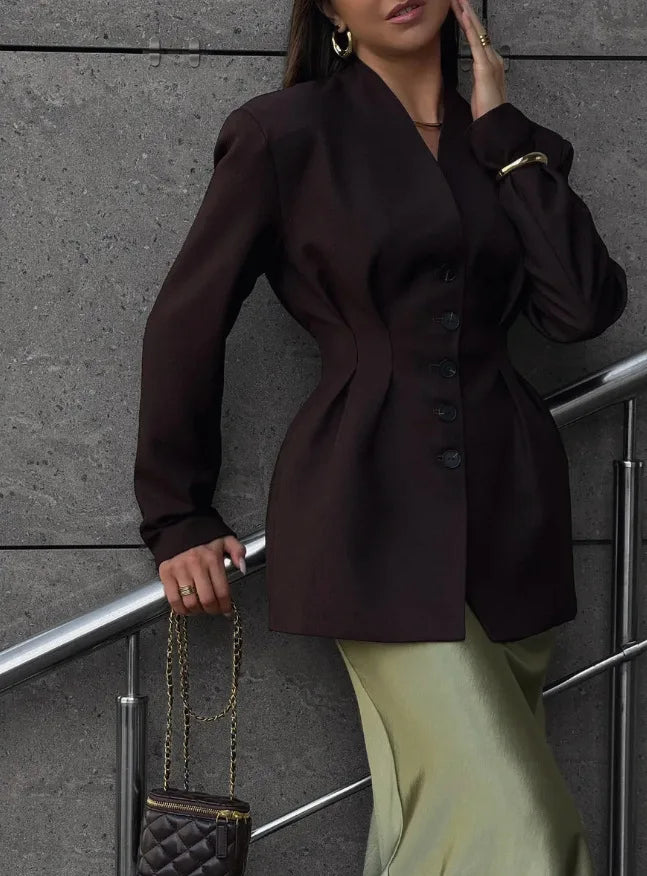 Talenza Women Fashion Blazer Vintage Single Breasted V-Neck Long Sleeve Jacket Casual Office Solid High Street Chic Women Blazer